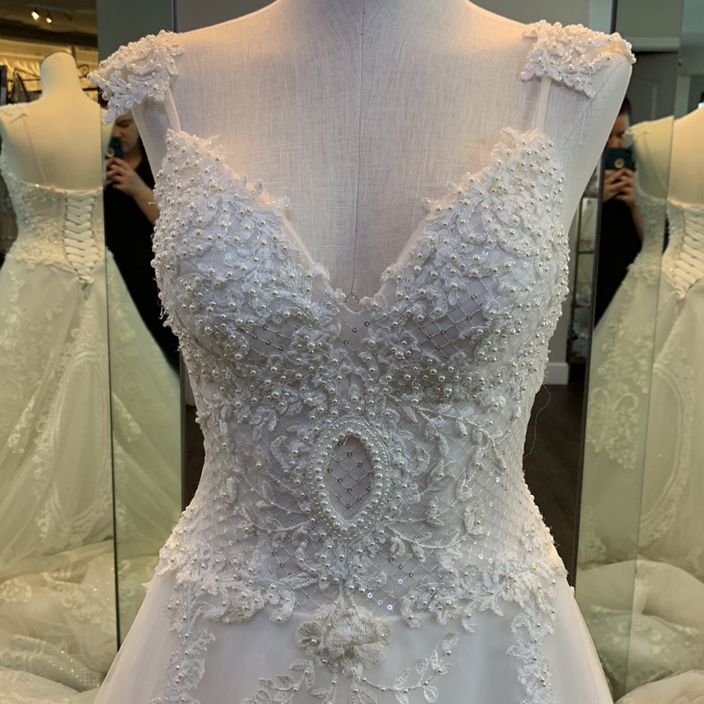 NEW ivory Aline cathedral length train wedding dress beaded corset back vneck - Picture 5 of 11